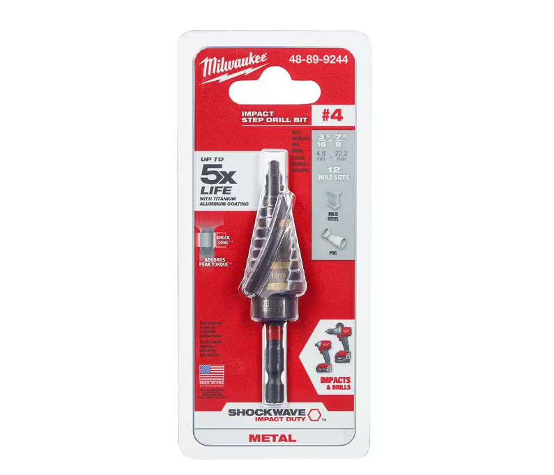 Milwaukee SHOCKWAVE 3/16" - 7/8" #4 Impact-Rated Titanium Step Drill Bit (12-Steps) 48-89-9244
