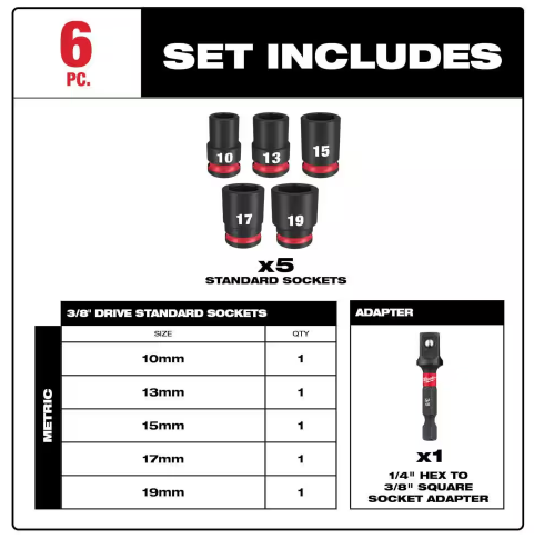 Milwaukee SHOCKWAVE 3/8" Drive Metric Standard 6 Point Impact Sockets 49-66-7036