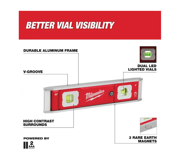 Milwaukee 9" Torpedo Level Lighted Vials 48-22-5105