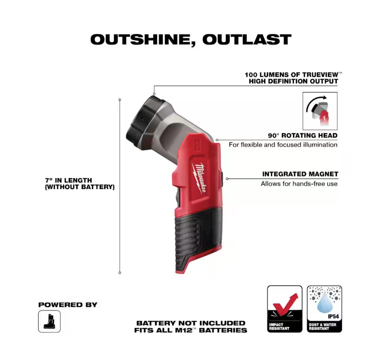 Milwaukee M12 12V Lithium-Ion Cordless 100 Lumens LED Work Flashlight, Tool-Only 49-24-0146