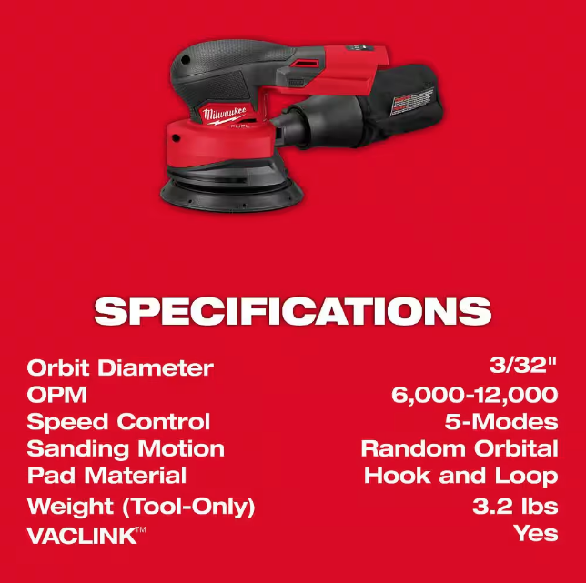 Milwaukee M18 18V Brushless Cordless FUEL 5 in. Random Orbit Sander 2837-20 (TOOL ONLY)