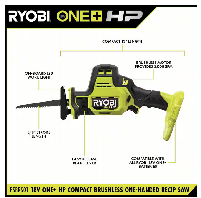 RYOBI ONE+ HP 18V Brushless Compact One-Handed Reciprocating Saw PSBRS01B (TOOL ONLY)