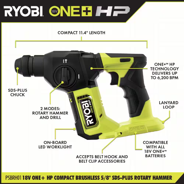 RYOBI ONE+ HP 18V Brushless Compact 5/8 in. SDS Rotary Hammer PSBRH01B (TOOL ONLY)