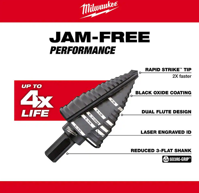 Milwaukee 7/8 in. - 1-3/8 in. #12 Black Oxide Step Drill Bit 5-Steps - 48-89-9212