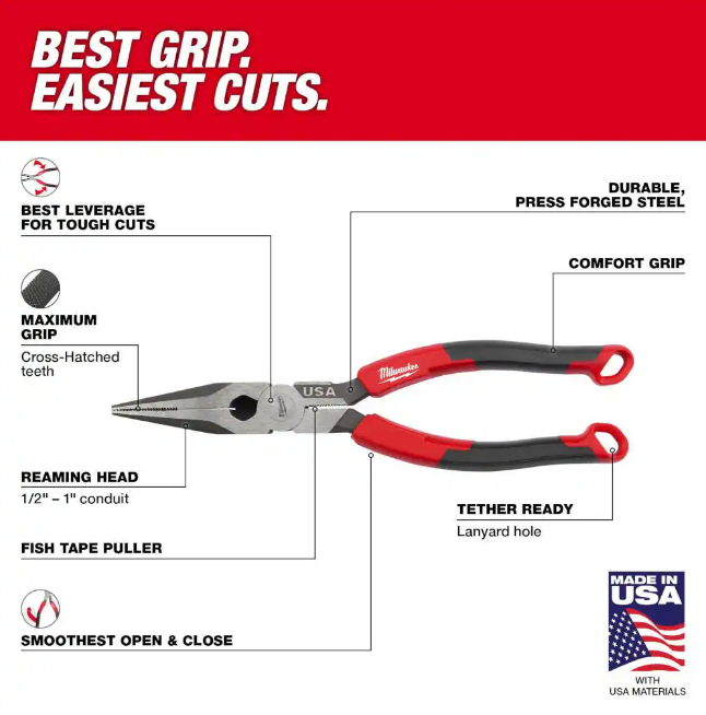 Milwaukee 8" Comfort Grip Long Nose Pliers (MT555)