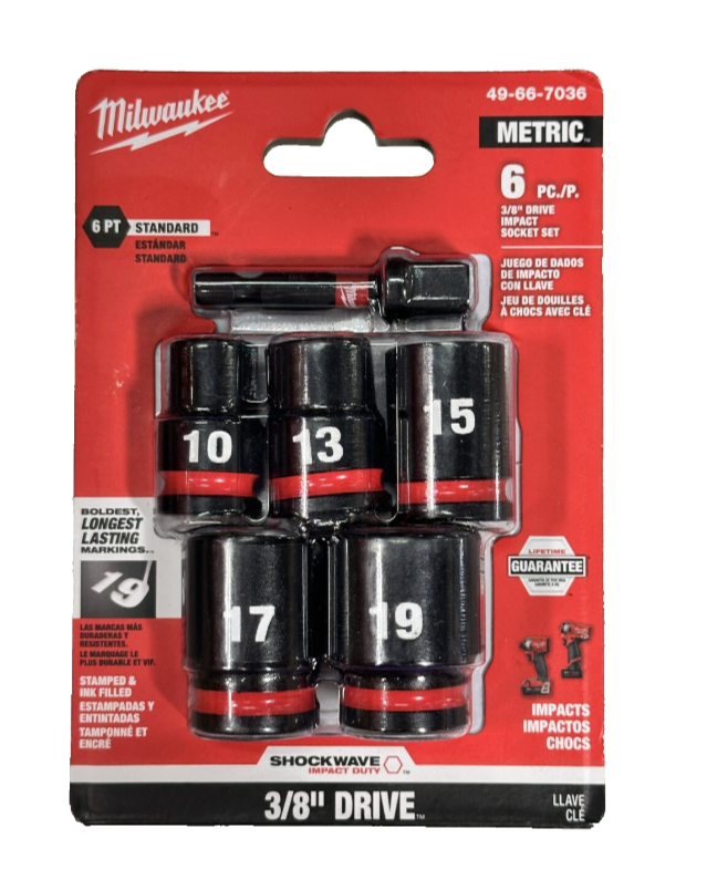 Milwaukee SHOCKWAVE 3/8" Drive Metric Standard 6 Point Impact Sockets 49-66-7036