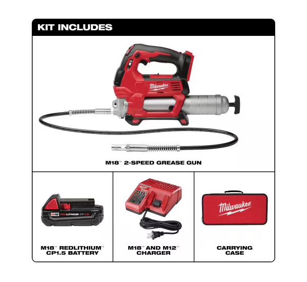 Milwaukee M18 Grease Gun 2-Speed with (1) 1.5Ah Batteries, Charger, Tool Bag 2646-21CT