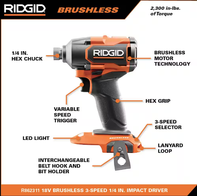 RIDGID 18V Brushless Cordless 3-Speed 1/4 in. Impact Driver R862311B (TOOL ONLY)