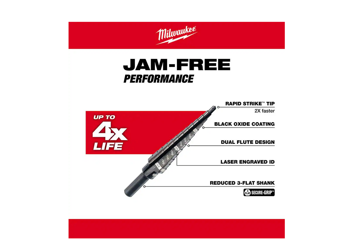 Milwaukee 1/8inch - 1/2inch #1 Black Oxide Step Drill Bit 13-Steps (48-89-9201)