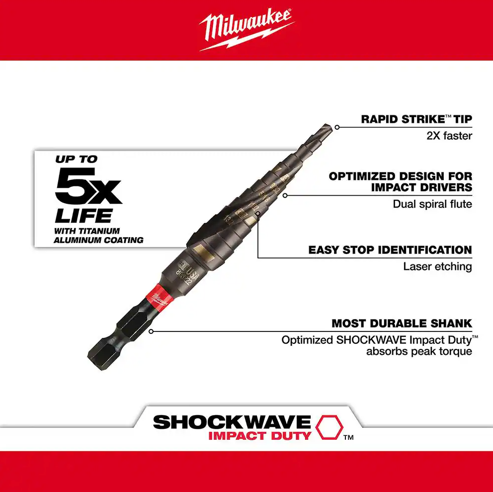 Milwaukee SHOCKWAVE 1/8 inch - 1/2 inch #1 Impact-Rated Titanium Step Drill Bit 13-Steps (48-89-9241)