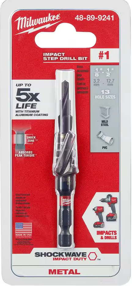 Milwaukee SHOCKWAVE 1/8 inch - 1/2 inch #1 Impact-Rated Titanium Step Drill Bit 13-Steps (48-89-9241)