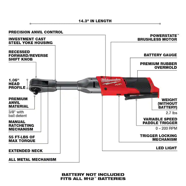 M12 FUEL 12V 3/8 in. Lithium-Ion Brushless Cordless Extended Reach Ratchet (Tool-Only)