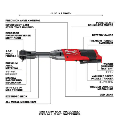 M12 FUEL 12V 3/8 in. Lithium-Ion Brushless Cordless Extended Reach Ratchet (Tool-Only)