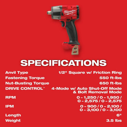 Milwaukee 2962-20 M18 FUEL™ 1/2" Mid-Torque Impact Wrench w/ Friction Ring Bare