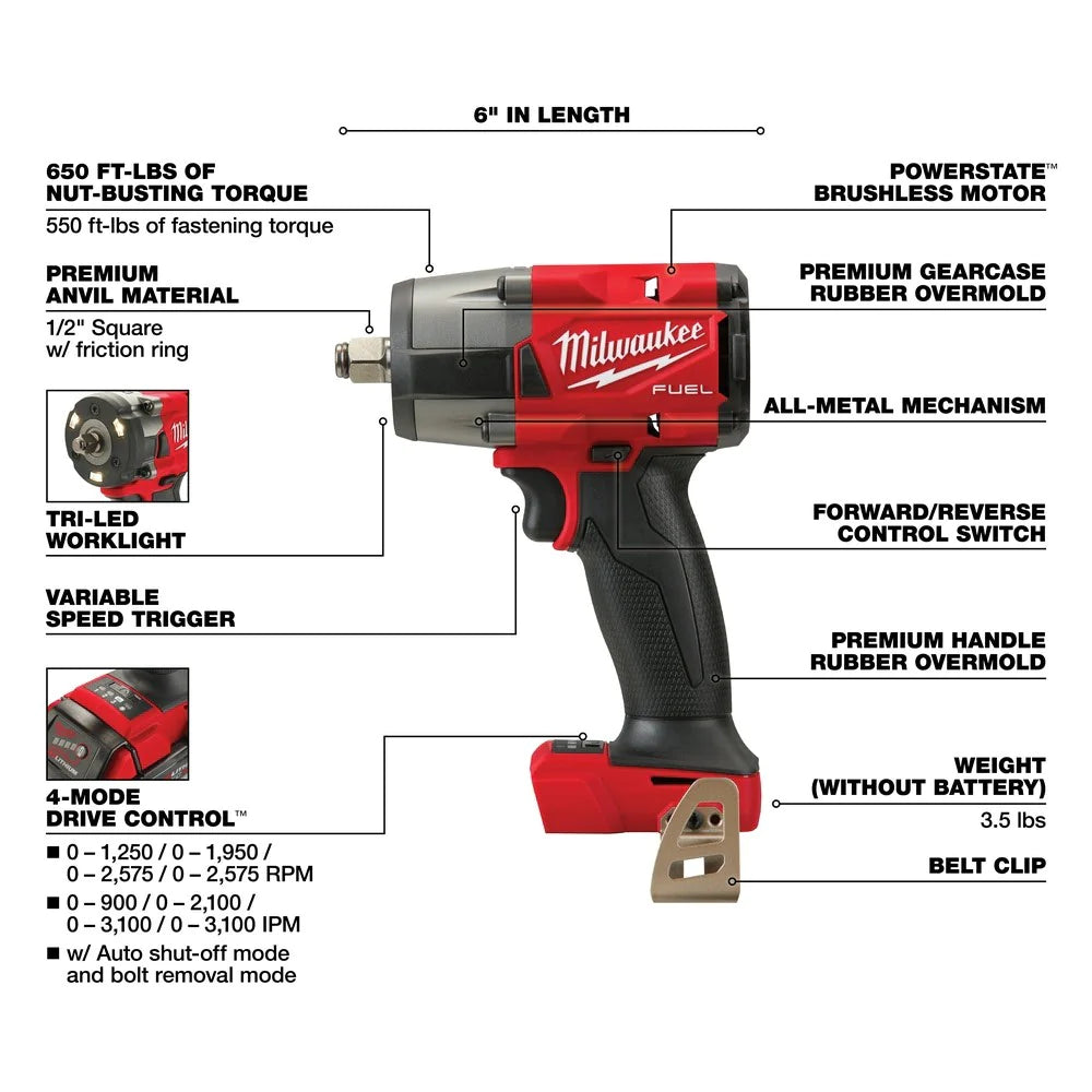 Milwaukee 2962-20 M18 FUEL™ 1/2" Mid-Torque Impact Wrench w/ Friction Ring Bare