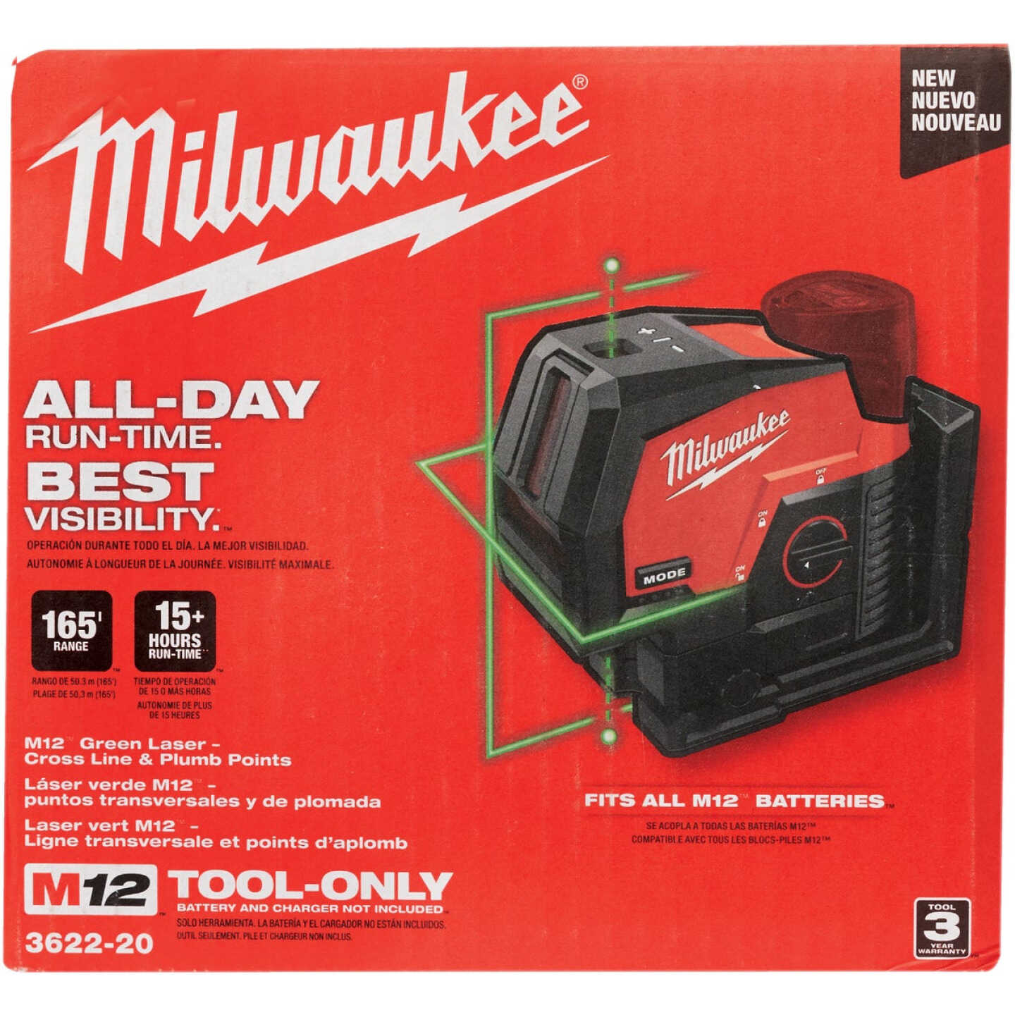 M12 MILWAUKEE 3622-20 Green 125 ft. Cross Line and Plumb Points Laser Level (Tool-Only)