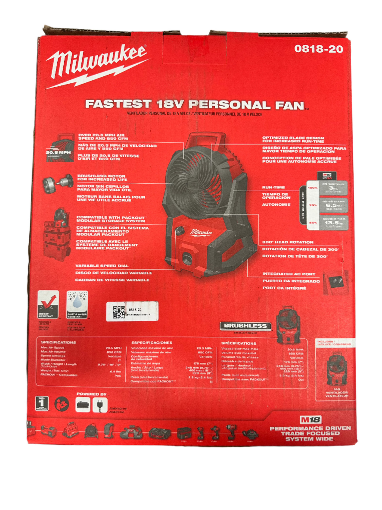 Milwaukee M18 Brushless PACKOUT Fan 0818-20 (FAN ONLY)