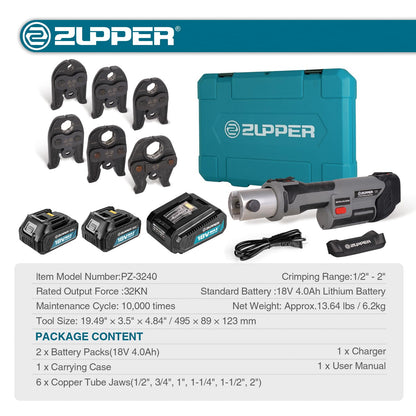 ZUPPER PZ-3240 Upgraded Pro Press Tool kit with Optional Pro Press Jaws for Copper Viega (1/2", 3/4", 1", 1-1/4", 1-1/2", 2" Jaws Included)