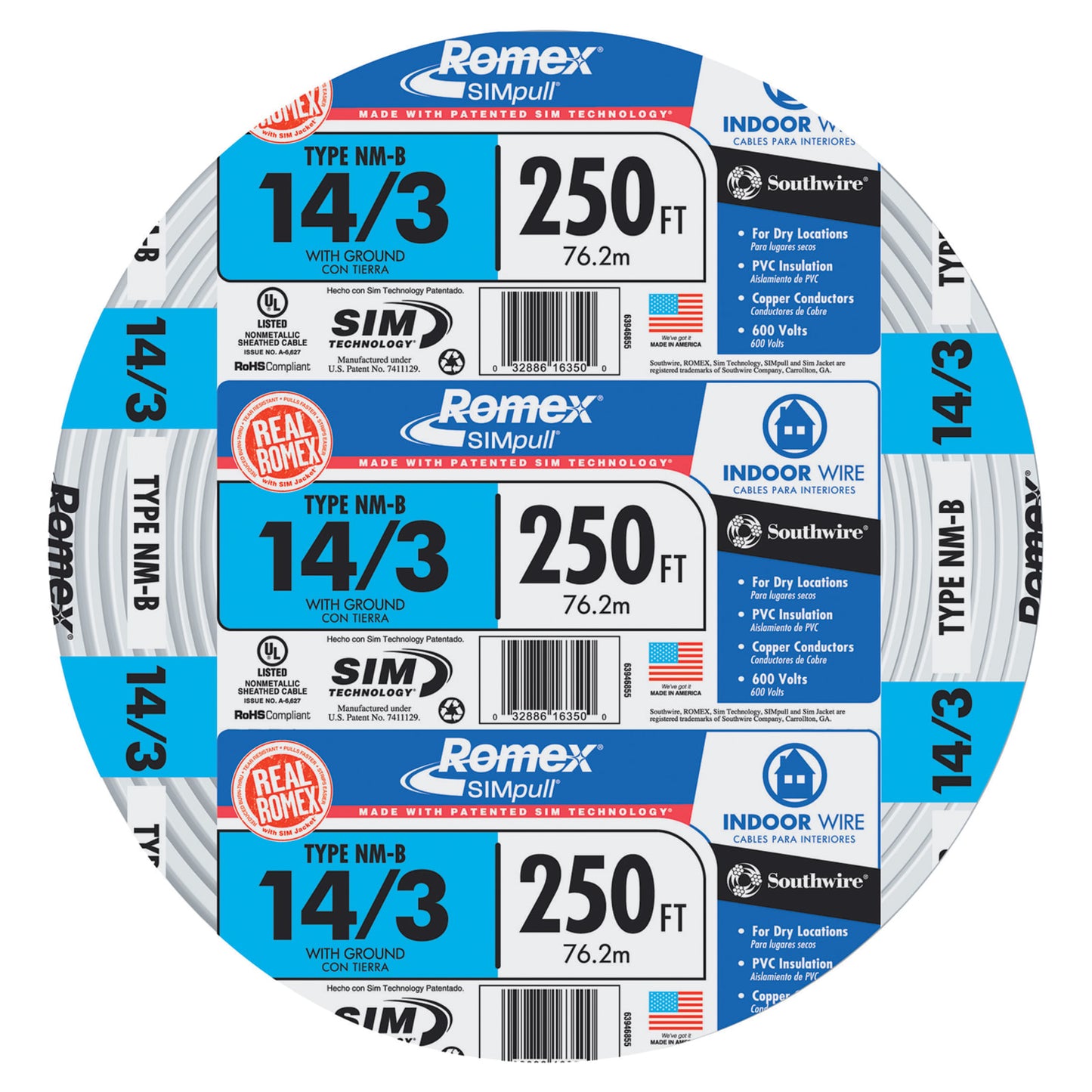 250 Ft romex 14/3 Romex SIMpull Non-Metallic Electrical Wire NM-B. 19-Lbs