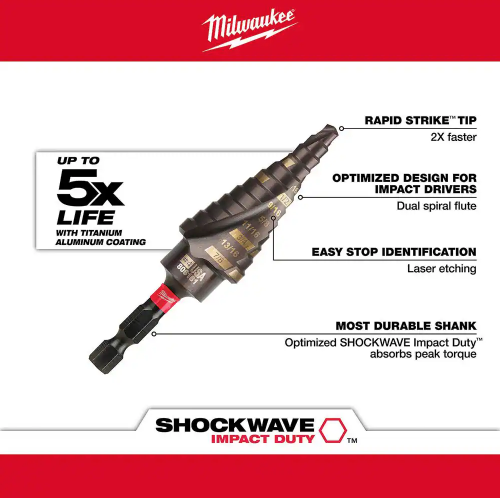 Milwaukee SHOCKWAVE 3/16 in. - 7/8 in. #4 Impact-Rated Titanium Step Drill Bit (12-Steps) 48-89-9244