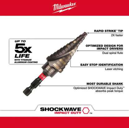 Milwaukee SHOCKWAVE 3/16 in. - 7/8 in. #4 Impact-Rated Titanium Step Drill Bit (12-Steps) 48-89-9244