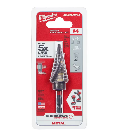 Milwaukee SHOCKWAVE 3/16 in. - 7/8 in. #4 Impact-Rated Titanium Step Drill Bit (12-Steps) 48-89-9244