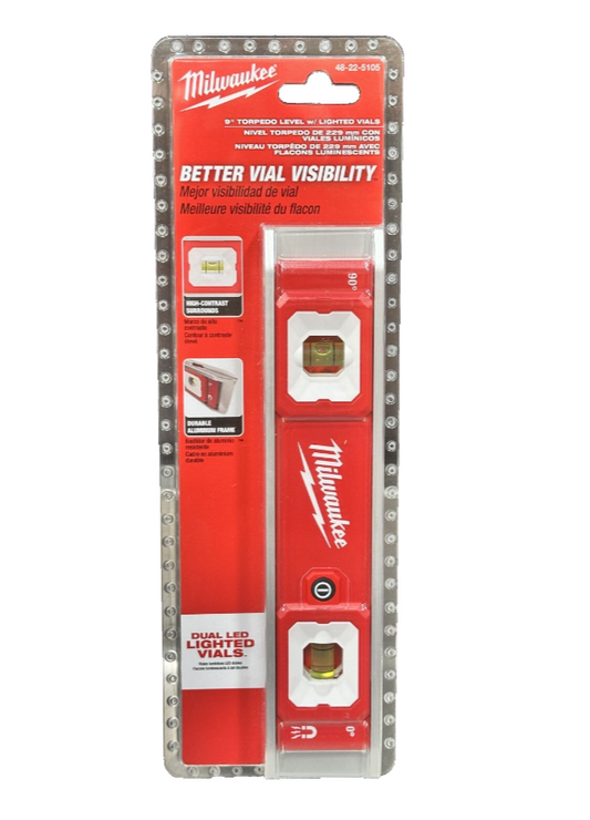 Milwaukee 9" Torpedo Level Lighted Vials 48-22-5105