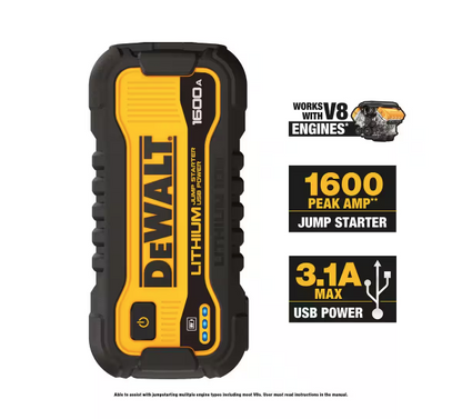 DEWALT 1600 Peak Amp Lithium Jump Starter with USB Power Bank DXAELJ16 Compact