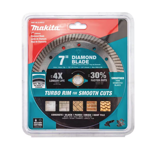Makita 7" Turbo Rim Diamond Blade for Concrete, Block, Paver, Brick, and Roof Tile B-69727