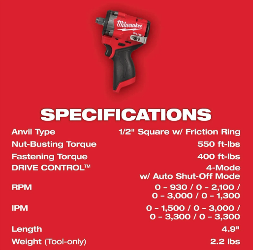 Milwaukee M12 FUEL Stubby 1/2" Impact Wrench 2563-20 (TOOL ONLY)
