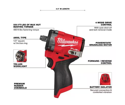 Milwaukee M12 FUEL Stubby 1/2" Impact Wrench 2563-20 (TOOL ONLY)