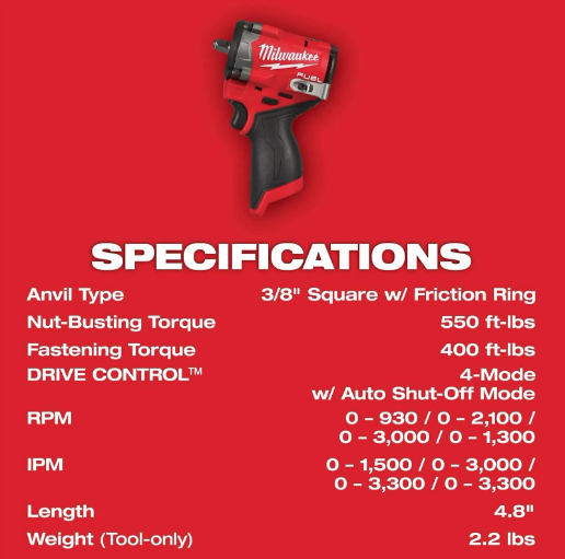 Milwaukee M12 FUEL Stubby 3/8" Impact Wrench 2562-20 (TOOL ONLY)