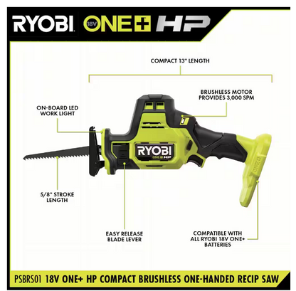 RYOBI ONE+ HP 18V Brushless Compact One-Handed Reciprocating Saw PSBRS01B (TOOL ONLY)