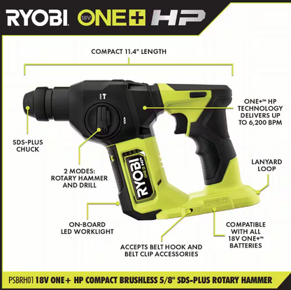 RYOBI ONE+ HP 18V Brushless Compact 5/8 in. SDS Rotary Hammer PSBRH01B (TOOL ONLY)