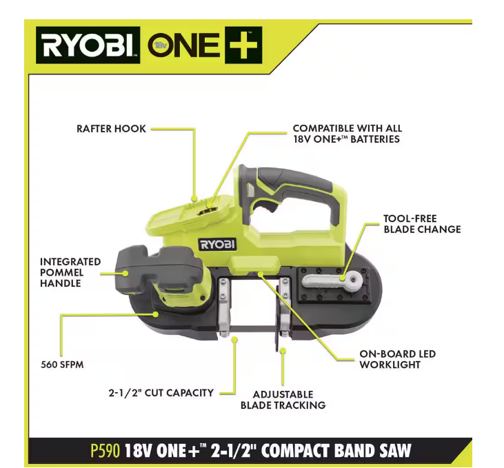 RYOBI ONE+ 18V Cordless 2-1/2 in. Compact Band Saw P590 (TOOL ONLY)