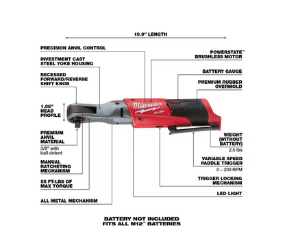 Milwaukee M12 FUEL 12V 3/8 in. Ratchet 2557-20 (TOOL ONLY)