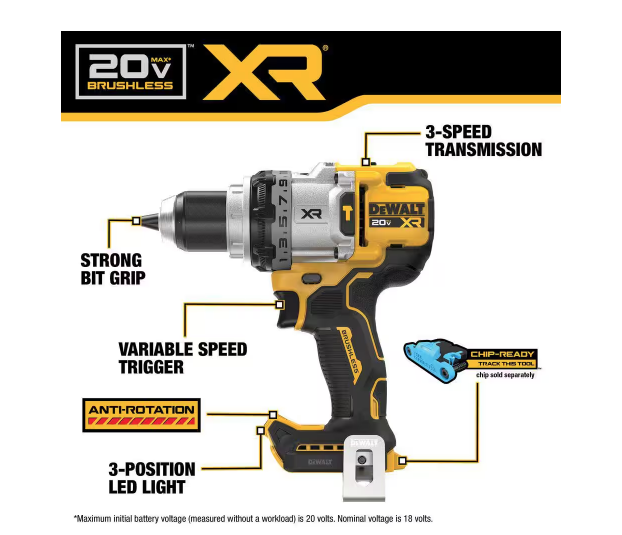 DEWALT 20V MAX XR 1/2" Hammer Drill DCD1007B (TOOL ONLY)