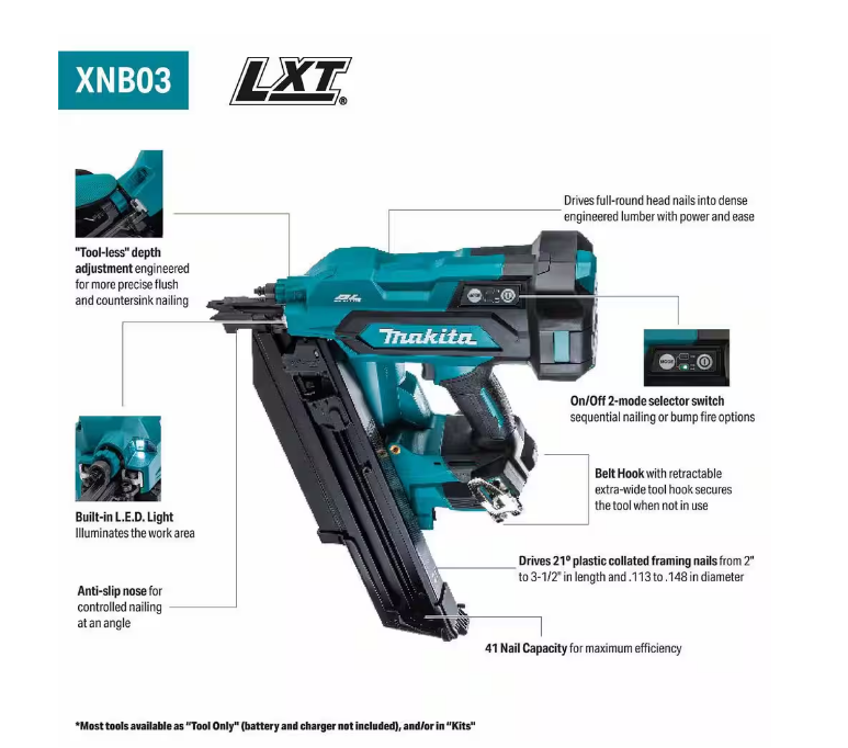Makita 18V LXT 3-1/2 in. 21 degree Full Round Head Framing Nailer XNB03Z (TOOL ONLY)