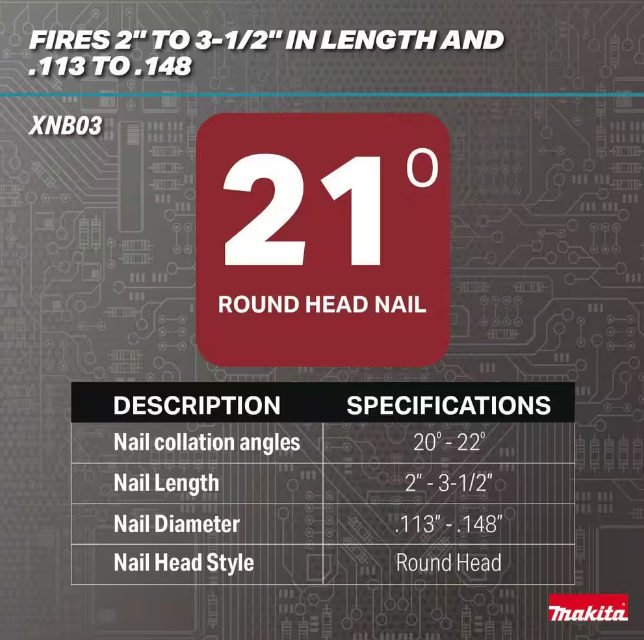 Makita 18V LXT 3-1/2 in. 21 degree Full Round Head Framing Nailer XNB03Z (TOOL ONLY)