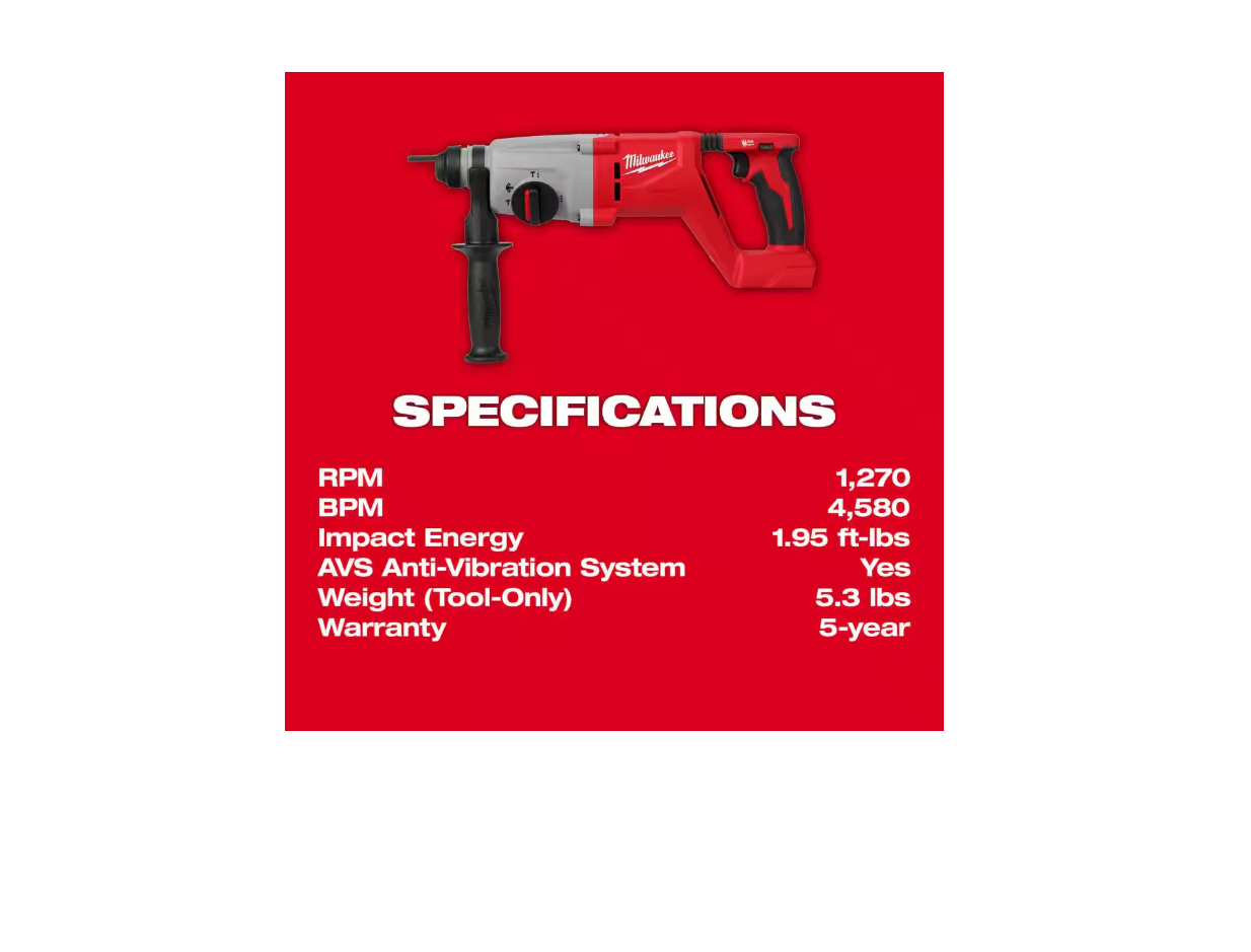 Milwaukee M18 18V 1 in. SDS-Plus D-Handle Rotary Hammer 2613-20 (TOOL ONLY)