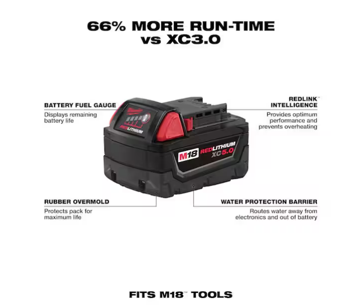 Milwaukee M18 18V 5.0 Ah Lithium-Ion XC Battery Pack 48-11-1850