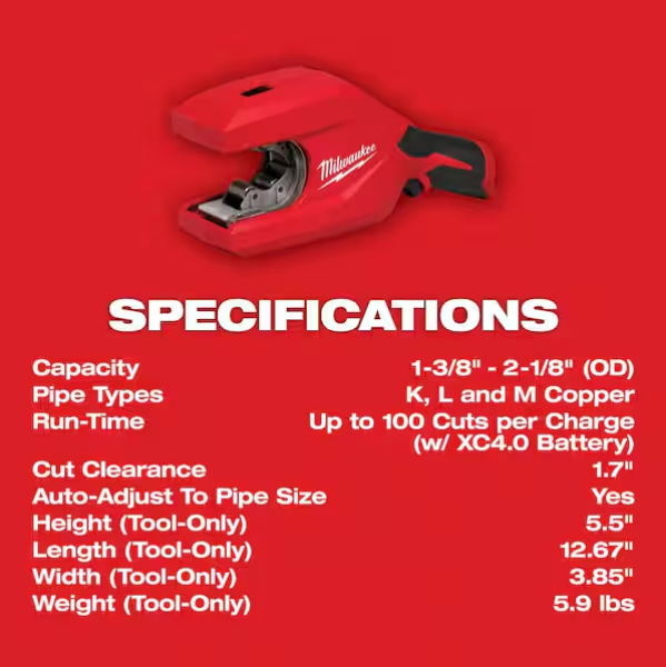Milwaukee M12 12V Brushless 1-1/4 in. - 2 in. Copper Tubing Cutter 2479-20 (TOOL ONLY)