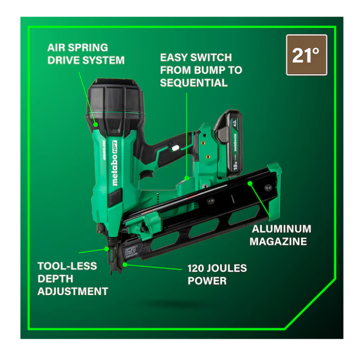 METABO HPT 18V MultiVolt Cordless 21° 3-1/2" Plastic Strip Framing Nailer Kit NR1890DRA