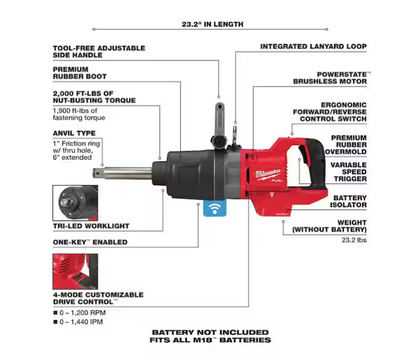 Milwaukee M18 FUEL 18V Brushless Cordless 1" Impact Wrench Extended Reach D-Handle 2869-20 (TOOL ONLY)