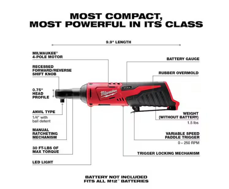 Milwaukee M12 12V 1/4 in. Ratchet 2456-20 (Tool-Only)
