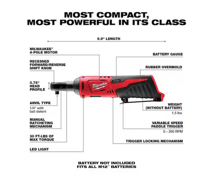 Milwaukee M12 12V 1/4 in. Ratchet 2456-20 (Tool-Only)