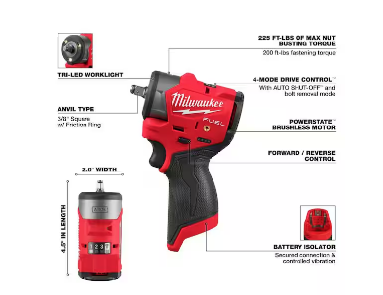 Milwaukee M12 FUEL 12V 3/8 in. Sub Compact Impact Wrench 3049-20 (TOOL ONLY)