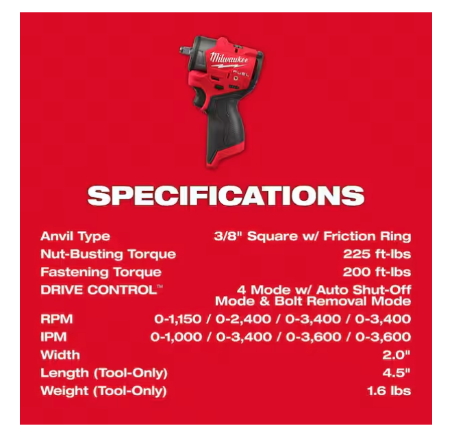 Milwaukee M12 FUEL 12V 3/8 in. Sub Compact Impact Wrench 3049-20 (TOOL ONLY)