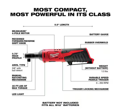 Milwaukee M12 12V 3/8 in. Ratchet 2457-20 (Tool-Only)