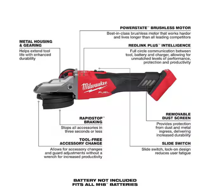 Milwaukee M18 FUEL 18V 5 in. Flathead Braking Grinder w Slide Switch Lock-On 2887-20 (TOOL ONLY)